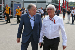 (L to R): Jean Todt, FIA President with Bernie Ecclestone,