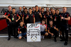 The ART Grand Prix team celebrate winning the 2016 GP3 Series team championship with drivers Charles Leclerc, ART Grand Prix; Nirei Fukuzumi, ART Grand Prix; Alexander Albon, ART Grand Prix and Nyck De Vries, ART Grand Prix