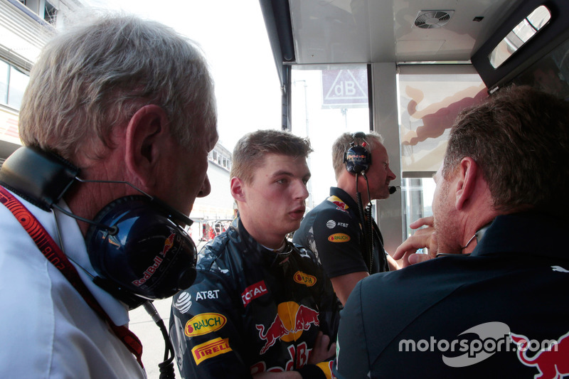 (L to R): Dr Helmut Marko, Red Bull Motorsport Consultant with Max Verstappen, Red Bull Racing and C