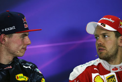 (L to R): Race winner Max Verstappen, Red Bull Racing in the FIA Press Conference with Sebastian Vettel, Ferrari