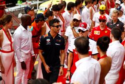 Daniel Ricciardo, Red Bull Racing, Marcus Ericsson, Sauber, Lewis Hamilton, Mercedes AMG F1, Kimi Raikkonen, Ferrari and Kevin Magnussen, Haas F1 Team, walk between Tag Heuer promotional models