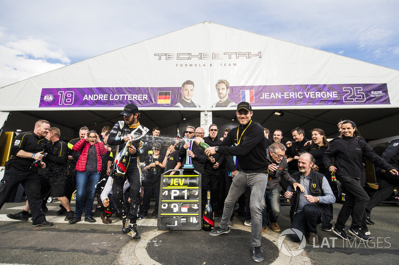 Jean-Eric Vergne, Techeetah. celebrates his win with his team