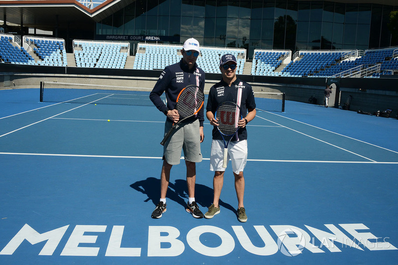 Esteban Ocon, Force India F1 and Sergio Perez, Force India at Melbourne Park Tennis Court