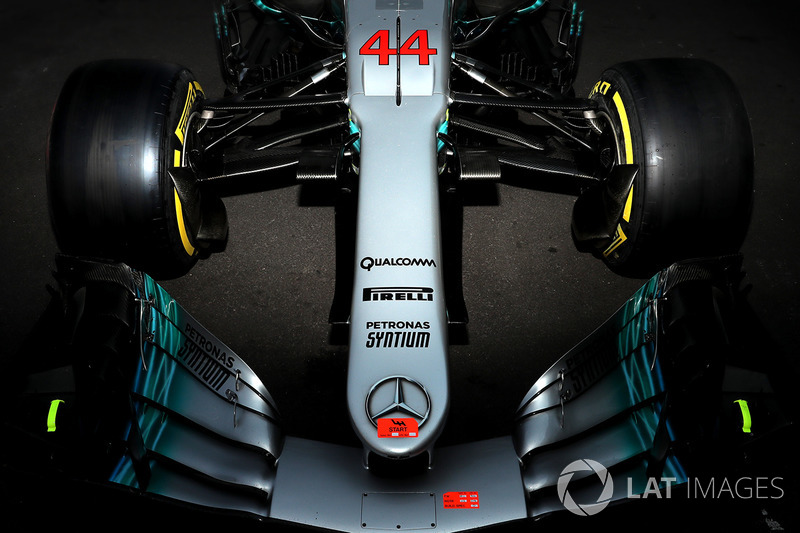 The nose and front wing detail of Lewis Hamilton, Mercedes-Benz F1 W08