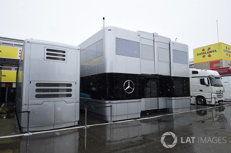 Mercedes AMG F1 trucks as snow stops testing on day three