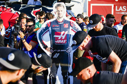 A Romain Grosjean and Kevin Magnussen 'Grognessen' cardboard cut out with the Haas team at the Raft Race