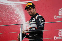 Sergio Perez, Sahara Force India F1 celebrates his third position on the podium