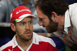 Sebastian Vettel, Ferrari with Matteo Bonciani, FIA Media Delegate in the FIA Press Conference