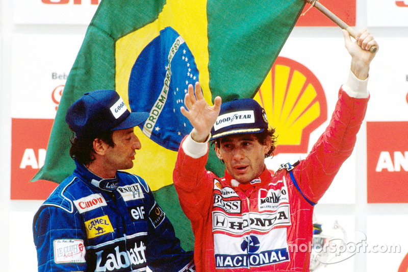 Pódio: vencedor Ayrton Senna, da McLaren, 2º colcoado Riccardo Patrese, da Williams, e 3º colocado Gerhard Berger, da McLaren