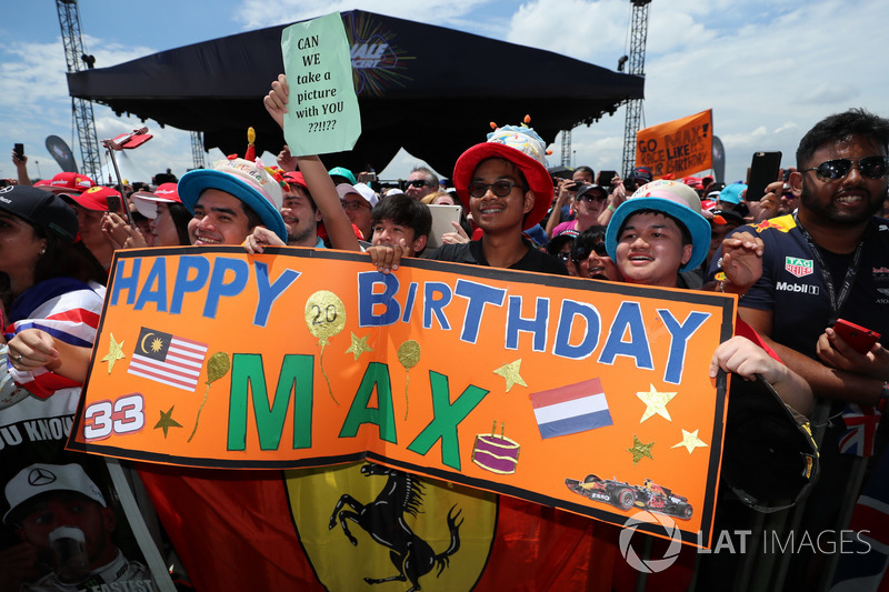 Max Verstappen, Red Bull Racing fans and Happy Birthday banner