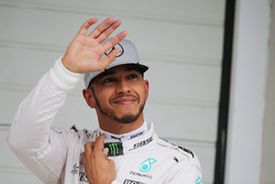Lewis Hamilton, Mercedes AMG F1 celebrates his pole position in qualifying parc ferme