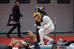 Lewis Hamilton, Mercedes AMG, celebrates on arrival in parc ferme