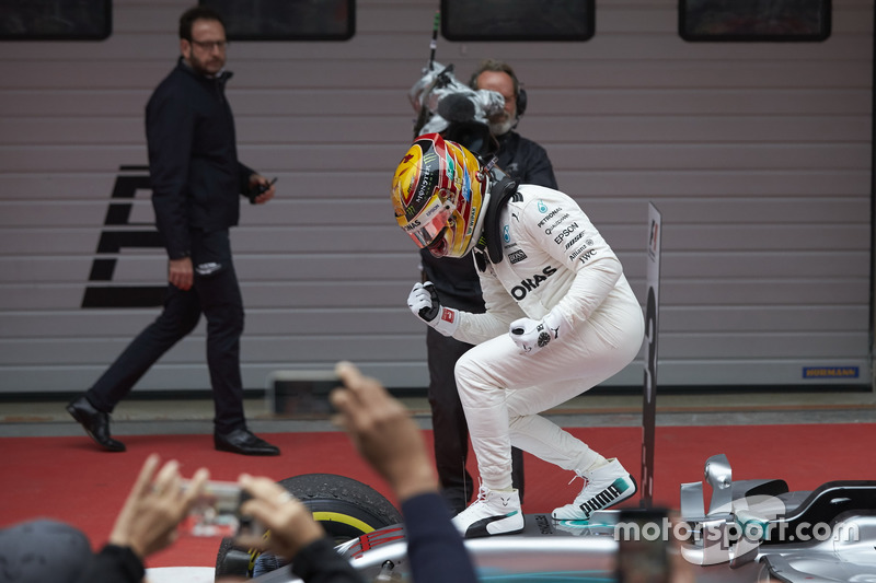 Lewis Hamilton, Mercedes AMG, celebrates on arrival in parc ferme