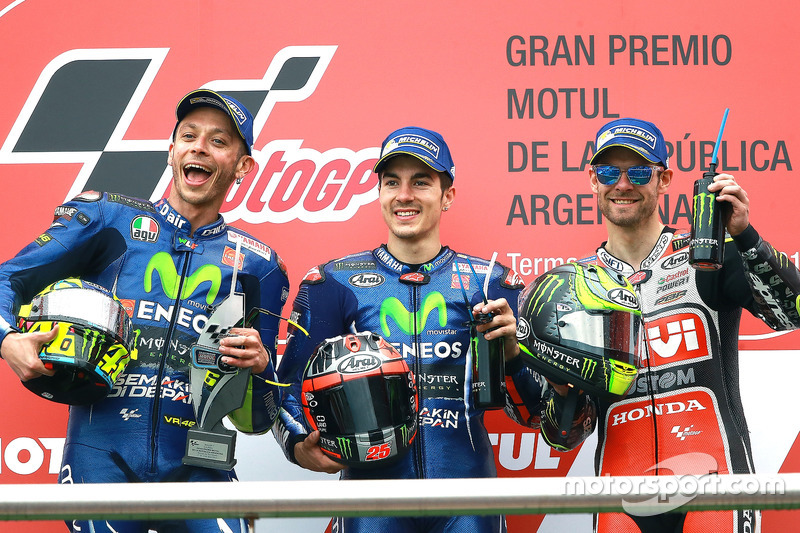 Podium: Second place Valentino Rossi, Yamaha Factory Racing, Race winner Maverick Viñales, Yamaha Factory Racing, Crutchow