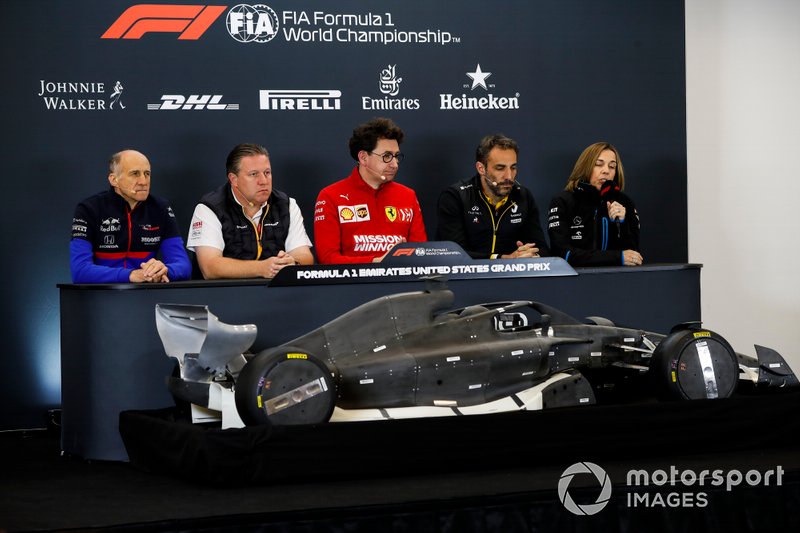 Franz Tost, Team Principal, Toro Rosso, Zak Brown, Executive Director, McLaren, Mattia Binotto, Team Principal Ferrari, Cyril Abiteboul, Managing Director, Renault F1 Team and Claire Williams, Deputy Team Principal, Williams Racing, sit behind a model of a 2021 Formula 1 car
