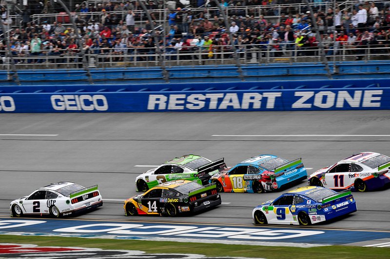 Brad Keselowski, Team Penske, Ford Mustang Miller Lite, Clint Bowyer, Stewart-Haas Racing, Ford Mustang Rush / Mobil Delvac 1, Kyle Busch, Joe Gibbs Racing, Toyota Camry M&M's Hazelnut, and Chase Elliott, Hendrick Motorsports, Chevrolet Camaro NAPA Night Vision