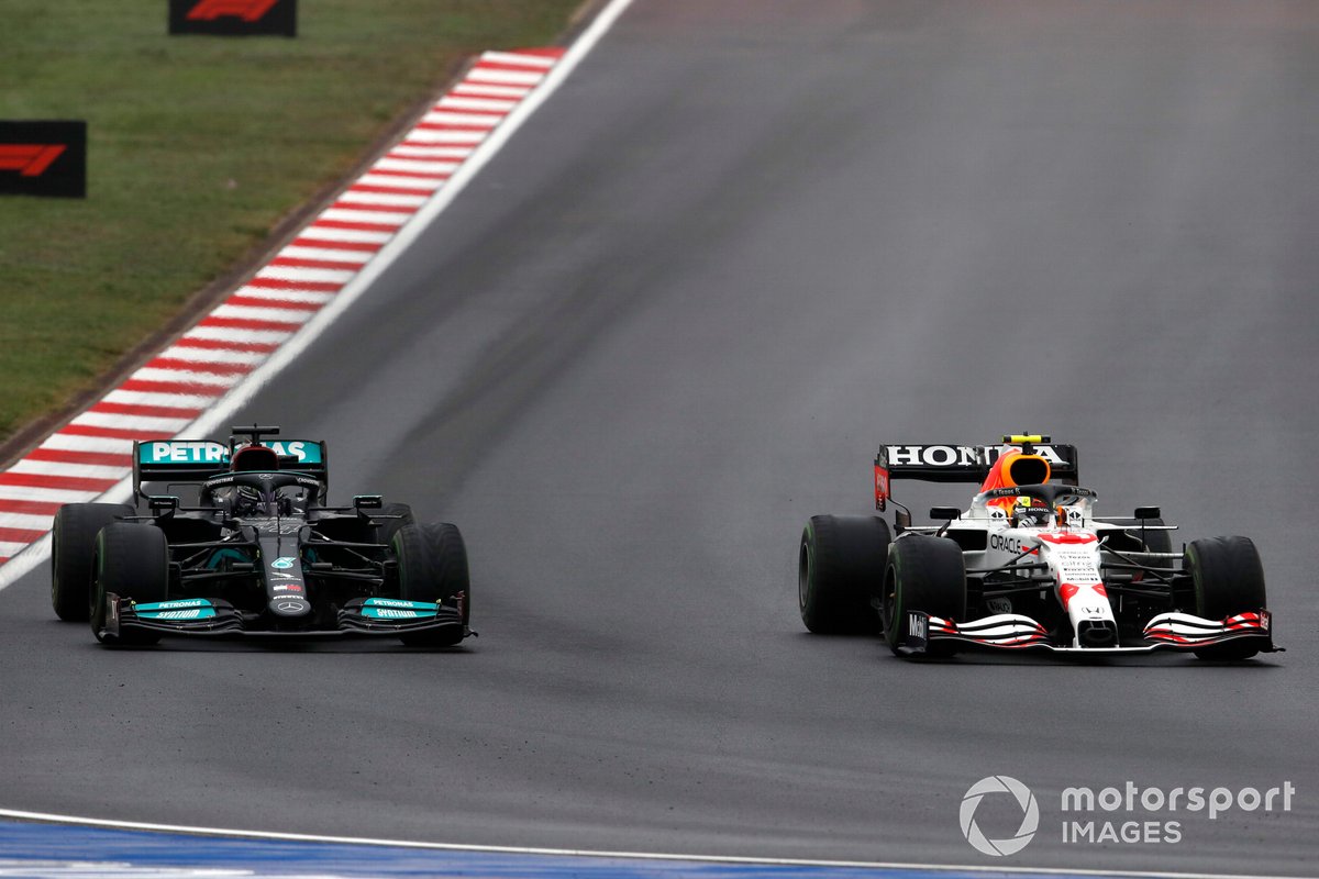 Lewis Hamilton, Mercedes W12, battles with Sergio Perez, Red Bull Racing RB16B