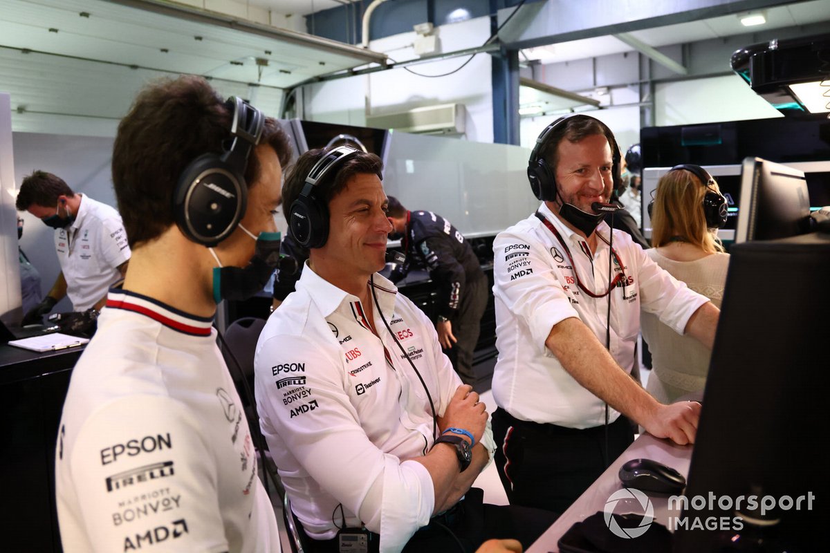 Toto Wolff, Team Principal and CEO, Mercedes AMG, watches the monitors