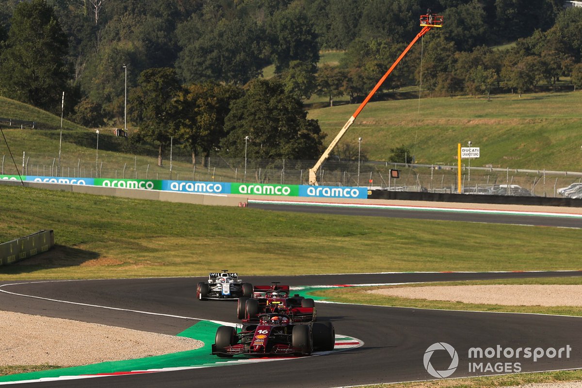 Charles Leclerc, Ferrari SF1000, Sebastian Vettel, Ferrari SF1000, and George Russell, Williams FW43