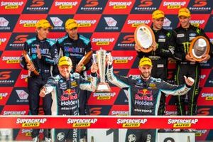 Race winners Shane van Gisbergen, Garth Tander, Triple Eight Race Engineering Holden, second Cameron Waters, Will Davison, Tickford Racing Ford, third place Chaz Mostert, Warren Luff, Walkingshaw Andretti United Holden
