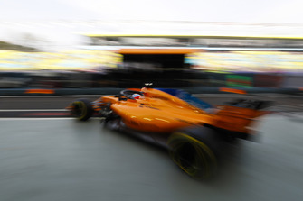 Fernando Alonso, McLaren MCL33, exits his pit area