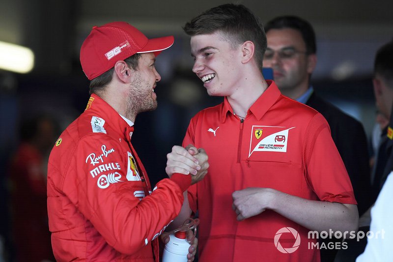 Sebastian Vettel, Ferrari, with Ferrari Driver Academy and F3 racer Marcus Armstrong
