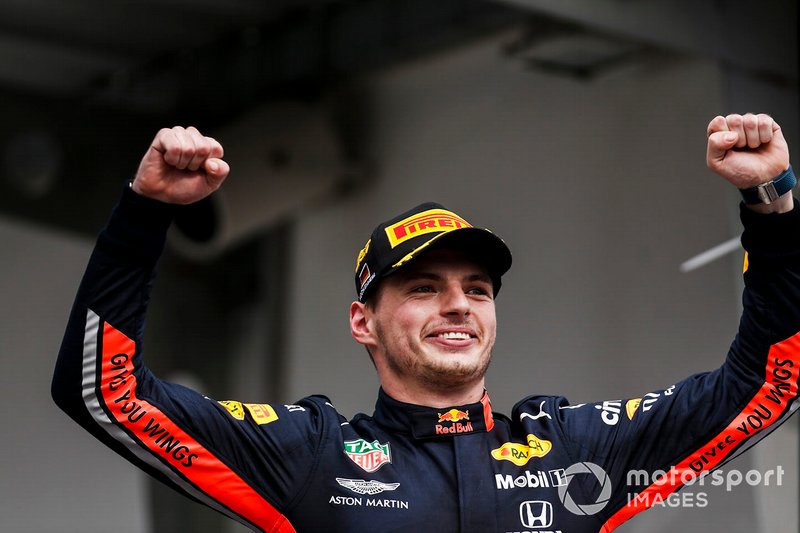 Max Verstappen, Red Bull Racing, 1st position, celebrates on the podium