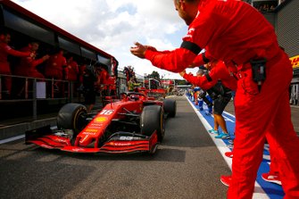 Winner Charles Leclerc, Ferrari, is congratulated by his team
