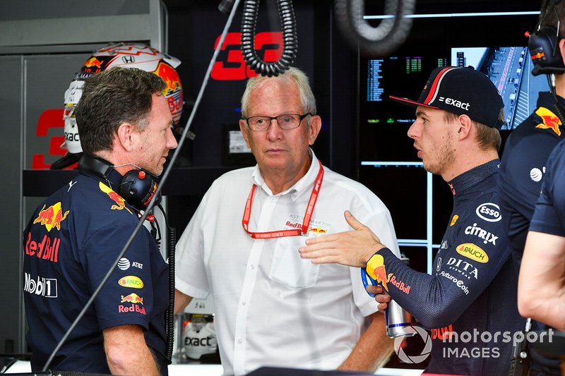 Christian Horner, Team Principal, Red Bull Racing, Helmut Marko, Konsultan, Red Bull Racing, Max Verstappen, Red Bull Racing