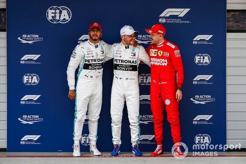 Top three Qualifiers Lewis Hamilton, Mercedes AMG F1, pole starter Valtteri Bottas, Mercedes AMG F1, and Sebastian Vettel, Ferrari