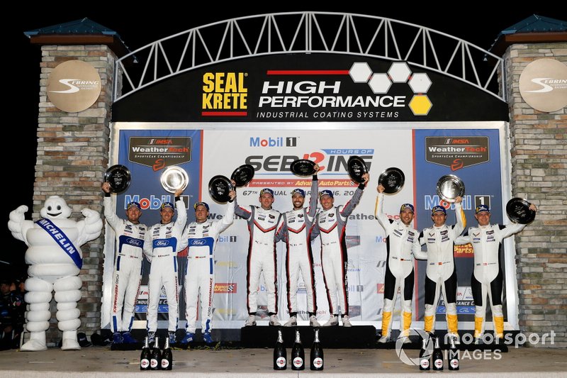 #66 Ford Chip Ganassi Racing Ford GT, GTLM: Joey Hand, Dirk Mueller, Sebastien Bourdais, #911 Porsche GT Team Porsche 911 RSR, GTLM: Patrick Pilet, Nick Tandy, Frederic Makowiecki, #3 Corvette Racing Corvette C7.R, GTLM: Jan Magnussen, Antonio Garcia, Mike Rockenfeller, podio