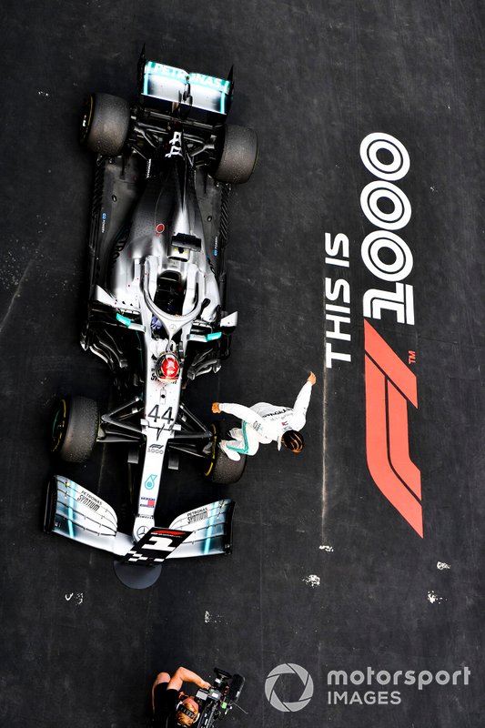 Lewis Hamilton, Mercedes AMG F1, 1st position, celebrates on arrival in Parc Ferme