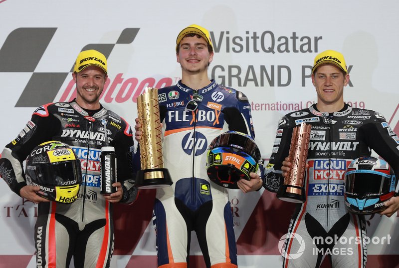 Podium: second place Thomas Luthi, Intact GP, Race winner Lorenzo Baldassarri, Pons HP40, third place Marcel Schrotter, Intact GP