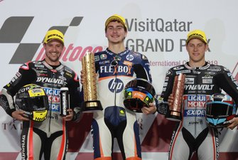 Podium : le deuxième, Thomas Luthi, Intact GP, le vainqueur Lorenzo Baldassarri, Pons HP40, le troisième, Marcel Schrotter, Intact GP
