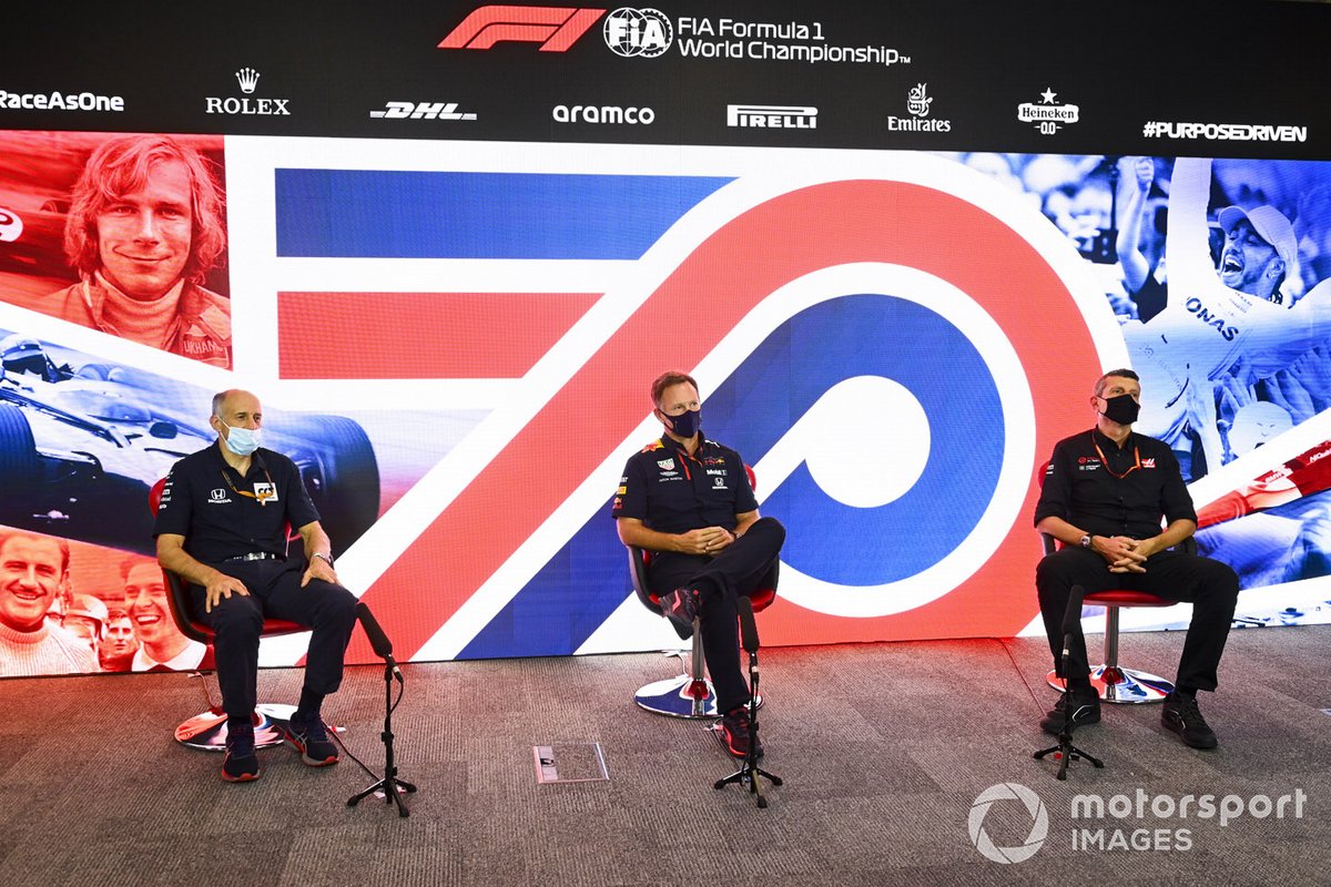 Franz Tost, Team Principal, AlphaTauri, Christian Horner, Team Principal, Red Bull Racing and Guenther Steiner, Team Principal, Haas F1 in the press conference 