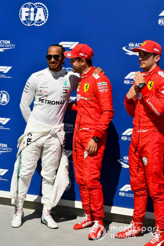 Top three Qualifiers Lewis Hamilton, Mercedes AMG F1, pole man Sebastian Vettel, Ferrari, and Charles Leclerc, Ferrari