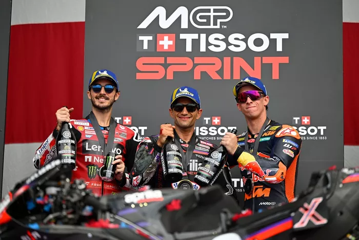 Jorge Martin, Aprilia Racing Team; Pedro Acosta, Red Bull KTM Factory Racing; Francesco Bagnaia, Ducati Team
