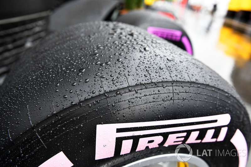 Raindrops on a Pirelli tyre