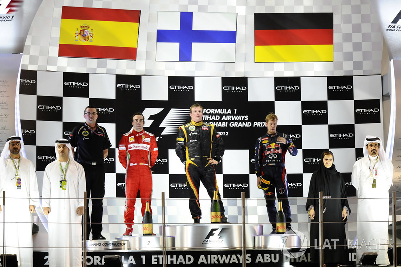 Podio: Ganador de la carrera Kimi Raikkonen, Lotus F1, segundo lugar Fernando Alonso, Ferrari, tercer lugar Sebastian Vettel, Red Bull Racing, Eric Boullier, director Lotus F1 Team