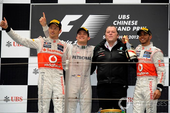 2012: 1. Nico Rosberg, 2. Jenson Button, 3. Lewis Hamilton