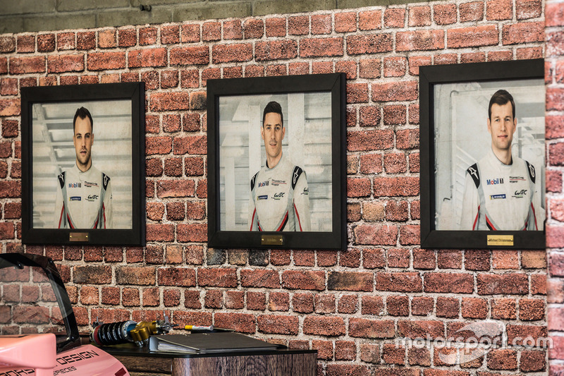 #92 Porsche GT Team Porsche 911 RSR driver portraits in the team area