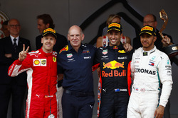 Race winner Daniel Ricciardo, Red Bull Racing, Adrian Newey, Chief Technical Officer, Red Bull Racing, second place Sebastian Vettel, Ferrari, third place Lewis Hamilton, Mercedes AMG F1, on the podium