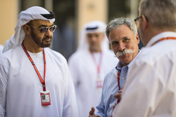 HH el General Jeque Mohammed bin Zayed bin Sultan Al Nahyan, príncipe heredero de Abu Dhabi y Chase Carey, Director Ejecutivo y Presidente Ejecutivo de Formula One Group y Ross Brawn, Formula One Director General de Motorsports