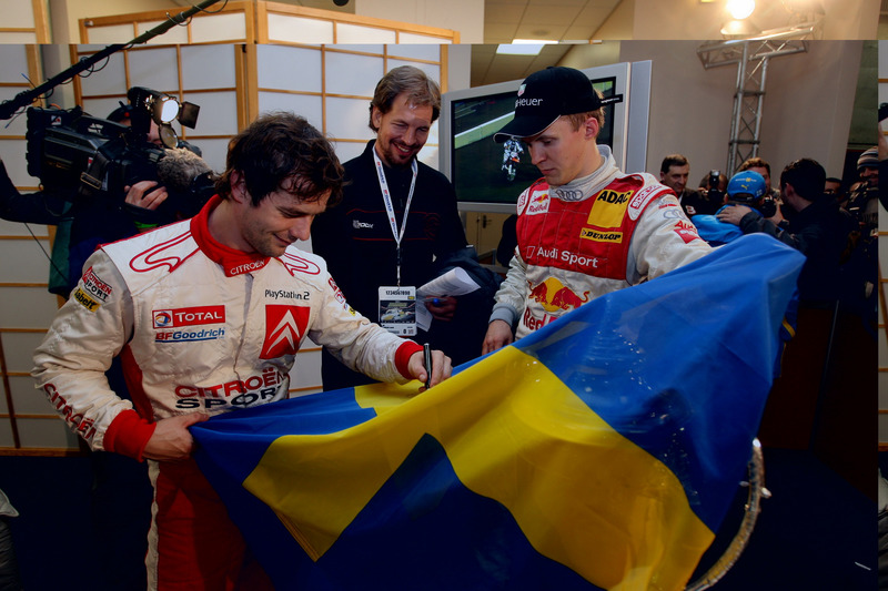 Il vincitore Mattias Ekström con l'organizzatore dell'evento, Fredrik Johnsson e Sebastien Loeb