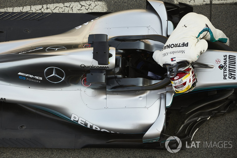Lewis Hamilton, Mercedes AMG F1, climbs out of his car