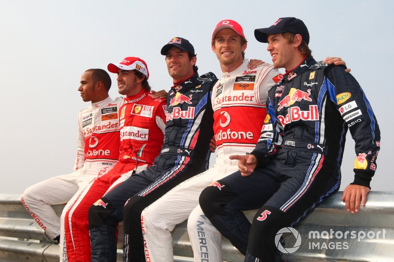 Lewis Hamilton, McLaren, Fernando Alonso, Ferrari, Mark Webber, Red Bull Racing, Jenson Button, McLaren e Sebastian Vettel, Red Bull Racing
