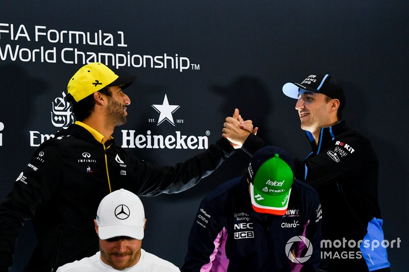 Daniel Ricciardo, Renault F1 Team, Valtteri Bottas, Mercedes AMG F1, Sergio Perez, Racing Point and Robert Kubica, Williams Racing In the Press Conference