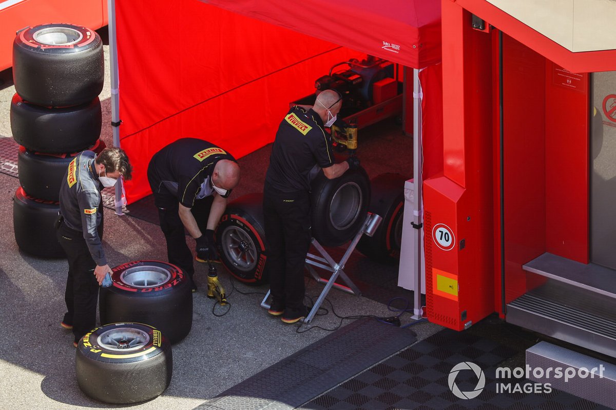 Pirelli engineers work on some tyres