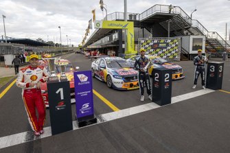 Race winner Scott McLaughlin, DJR Team Penske, second place Shane van Gisbergen, Triple Eight Race Engineering, third place Jamie Whincup, Triple Eight Race Engineering Holden