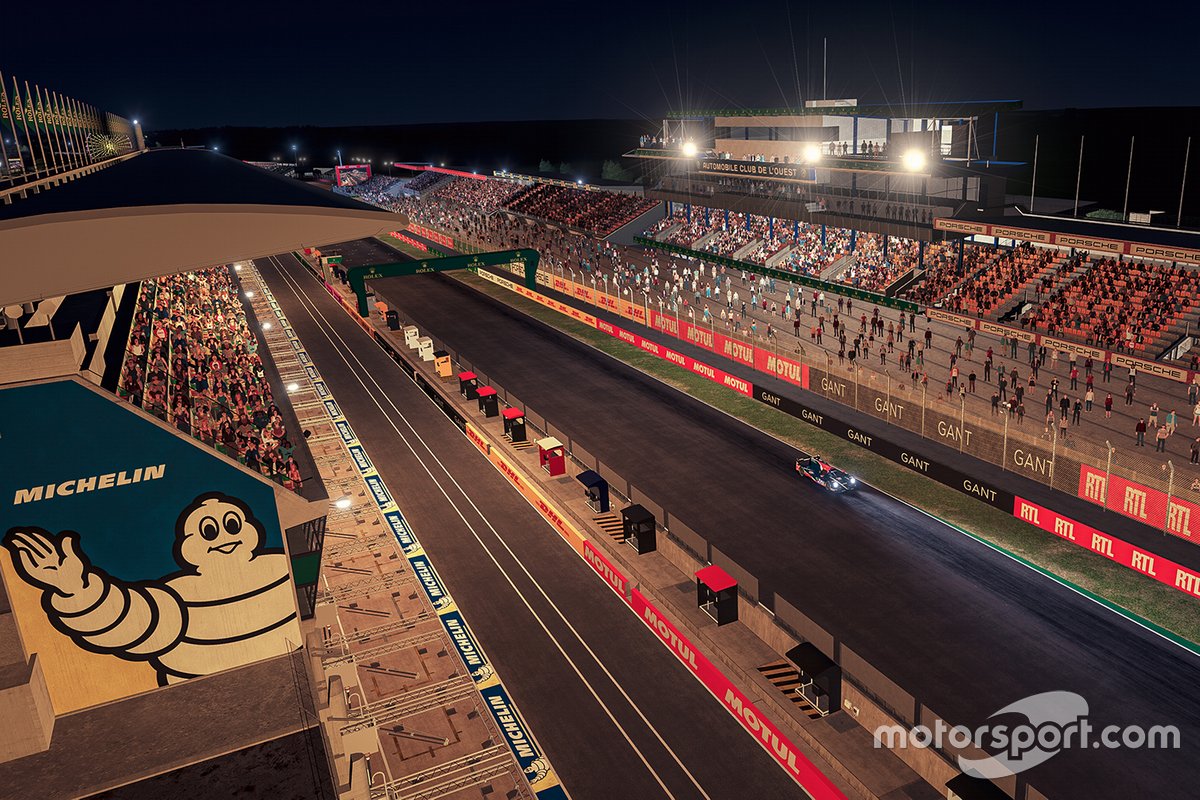 Atmosfer Circuit de la Sarthe virtual saat balapan malam.